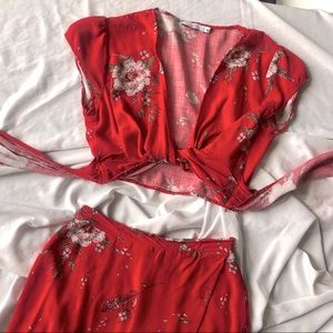 Red Floral Wrap Top and Maxi Skirt Coordinate Set